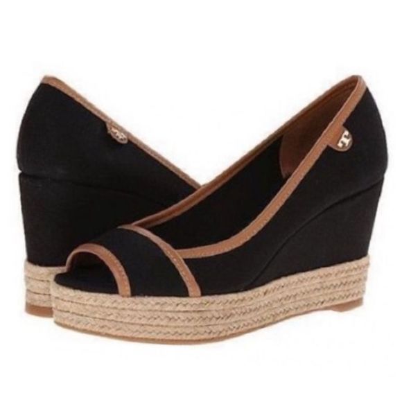 Tory Burch | Black Majorca Peep Toe Canvas Wedge | 9 - Picture 7 of 15